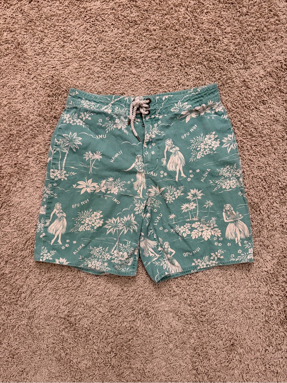 Vintage 90s Ralph Lauren Polo Green Swim Trunk Sz 30 Board Shorts Hawaiian Hula